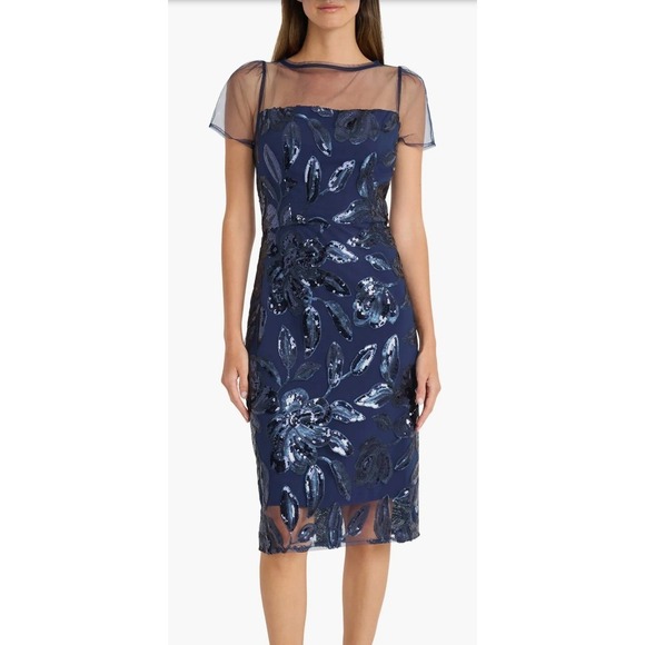 New Maggy London Sequin Mesh Yoke Sheath Midi Dress‎ in Navy Blue Size 0